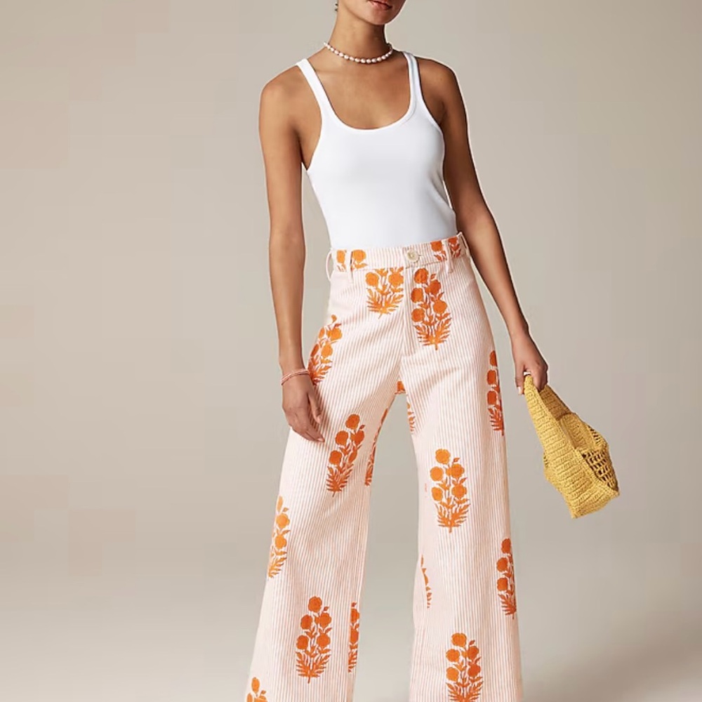 J. Crew Sz blockprint Cream and Orange Floral Wide Leg Pants